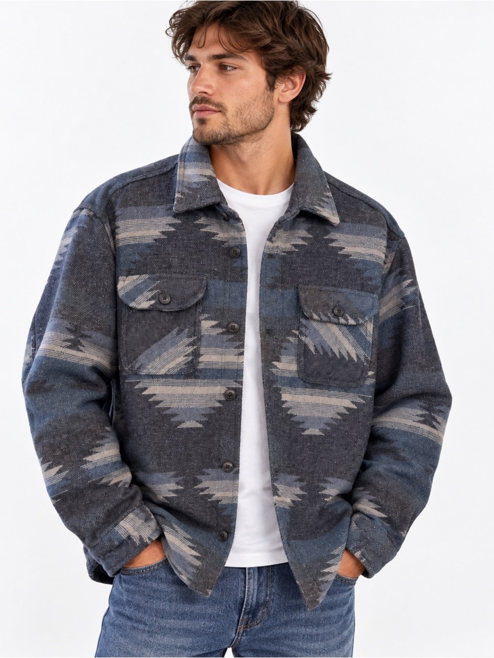 JACHS New York Men’s XL Southwestern Aztec Flannel Shacket Blue Gray